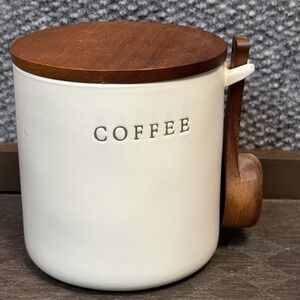 Hearth & Hand Magnolia Stoneware Coffee Canister With Wood Lid & Spoon Farmhouse